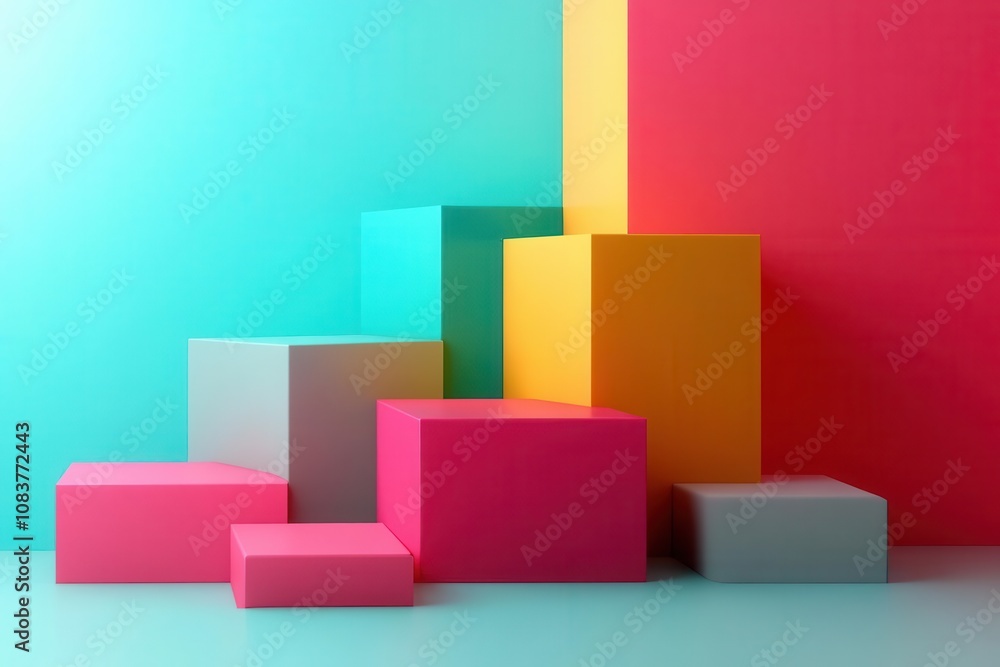 Poster a vibrant display of geometric blocks in various colors, arranged on a gradient background, creating