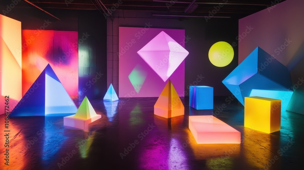 Aufkleber vibrant geometric shapes illuminated with colorful light in an artistic space, creating a dynamic an