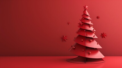 Fototapeta premium Modern monochromatic red Christmas tree design with star decorations and balls, on a red background.