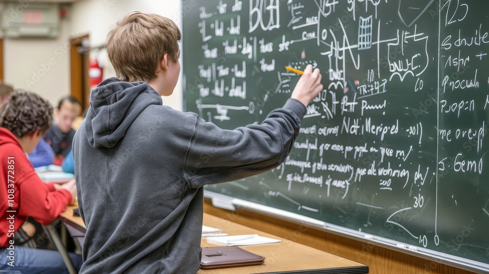 Poster student engaging in classroom learning by writing complex equations on chalkboard while peers focus 