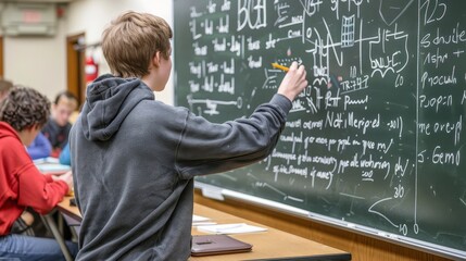 Student Engaging in Classroom Learning by Writing Complex Equations on Chalkboard while Peers Focus on Individual Activities in a University Setting