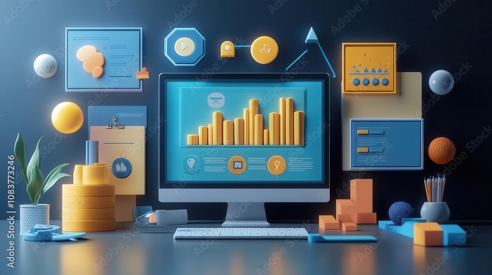 Poster a modern workspace featuring a computer displaying vibrant data visualizations, graphs, and various 