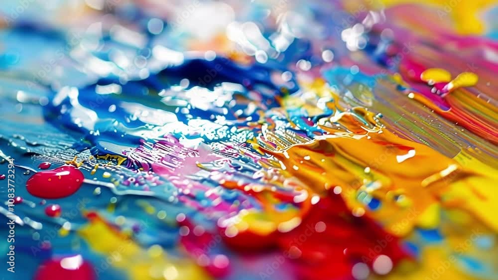 Poster paint smudges and spills form abstract shapes in the defocused view.