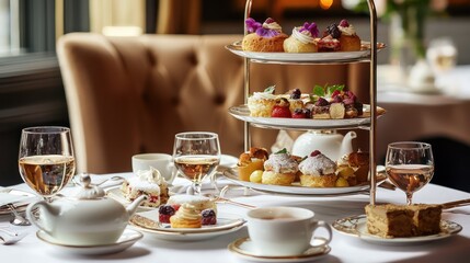 Traditional afternoon tea service in London including pastries, hors d'oeuvres, and tea.