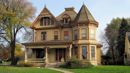 Beautiful Victorian House with Elaborate Architectural Details Surrounded by Lush Greenery and a Bright Sky, Showcasing Classic Design and Historic Charm