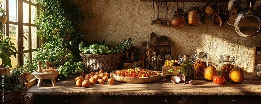 Poster traditional food preparation scene with rustic elements, offering a panoramic view and space for tex