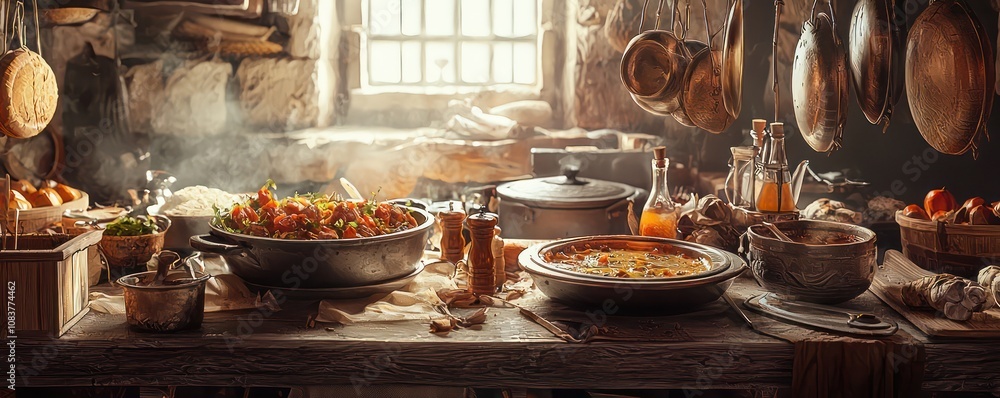 Poster traditional food preparation scene with rustic elements, offering a panoramic view and space for tex