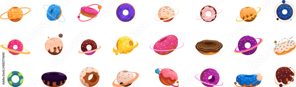 Poster donut planet icons set. set of various donuts with colorful frosting and sprinkles orbiting like pla