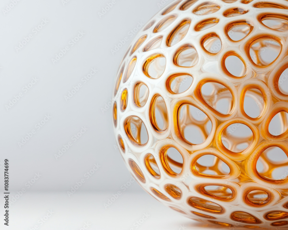 Poster a sculptural design featuring a spherical structure with intricate patterns and a warm orange hue, s