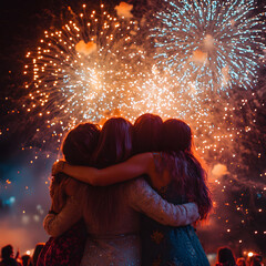 A group of friends celebrates with hugs, enjoying a dazzling fireworks display in the night sky.