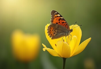 Obraz premium A brown and orange butterfly with spotted wings perched on a yellow flower against a blurred green background
