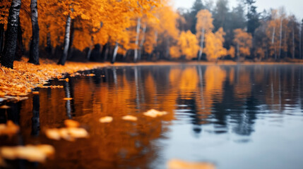 Fototapeta premium Serene autumn landscape with vibrant orange foliage reflecting in calm water surrounded by a forest of birch trees.