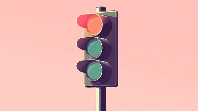 Buntes Ampelsignal mit roten und gr&uuml;nen Signalen vor einem sanften rosa Hintergrund