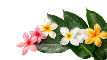 Obraz premium Vibrant plumeria flowers with lush green leaves in a stunning arrangement.