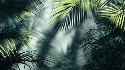 Obraz premium Transparent palm leaves shadow background overlay. Tropical tree summer shade realistic background or wallpaper. Foliage reflection in window frame, palm leaf sunlight grey shadow backdrop.