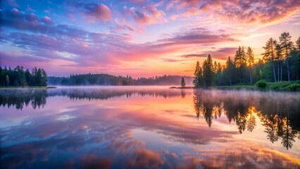 Obraz premium Panorama magical landscape with fog flowing across a serene lake at dawn. The fog creates a veil over the water and reflects the pastel colors of the early morning sky