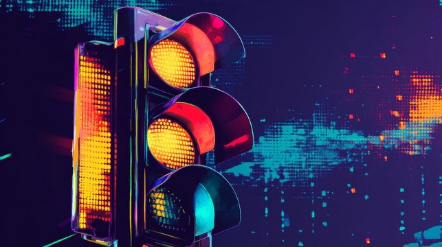 Lebendiges digitales Ampelsystem in einem dynamischen futuristischen Umfeld mit bunten LED-Elementen