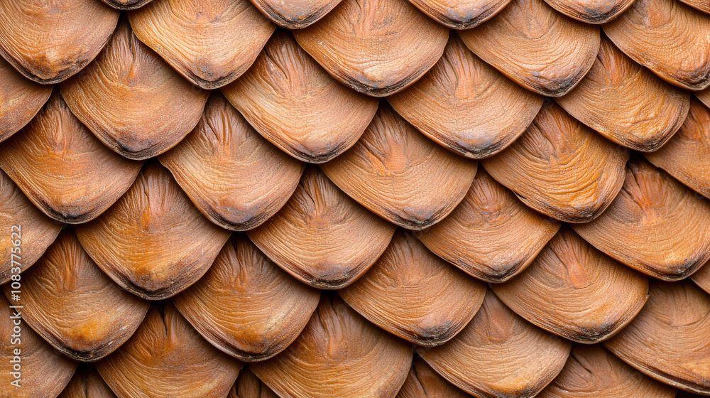 Poster close up of pine cone scales displaying intricate patterns and textures. natural brown hues create w