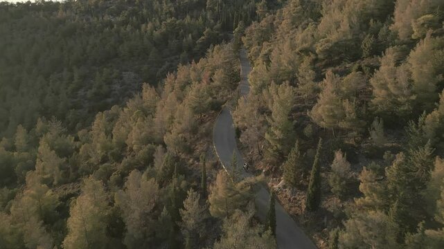 Motorbike in the pine forest on the mountain, aerial footage on sunset 