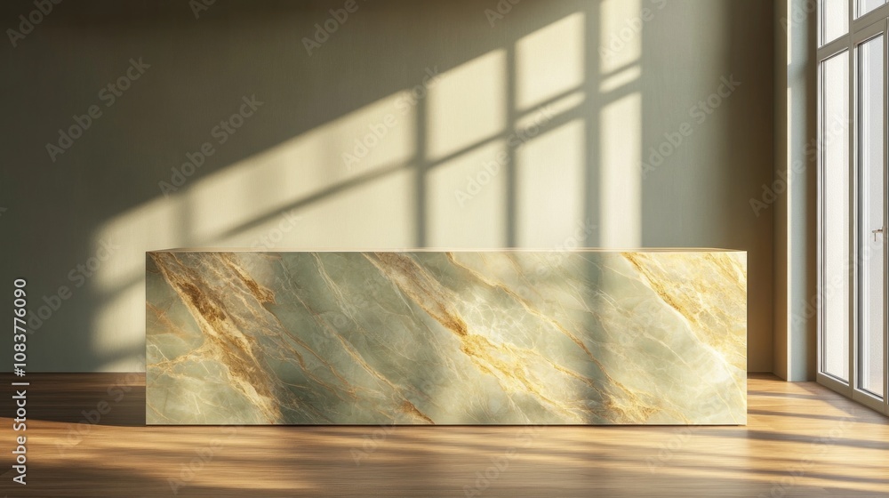 Poster a large marble countertop sits in a room with a window