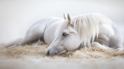 Fototapeta premium Ein sanftes weißes Pferd ruht friedlich auf einem Bett aus Stroh in einer sanften, traumhaften Landschaft