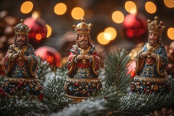 Fototapeta premium Three Wise Men figurines with festive backdrop