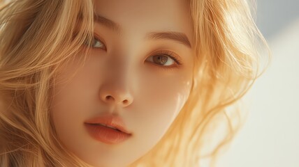 Naklejka premium Beautiful model girl with blond hair strand,silky healthy chestnut wavy golden hair strand,hair wavy ribbon,Keratin straightening,Treatment,straight long hair,procedures,Smooth hairstyle.