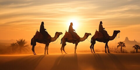 Silhouetted camels and riders at desert sunset