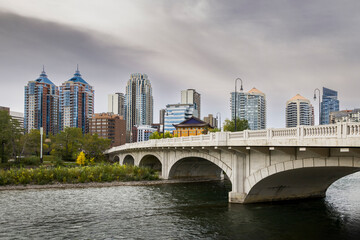 Travel destination Calgary, Bridge 10 St NW, with beautiful city skyline in background