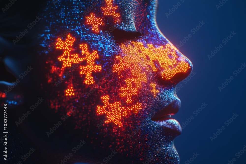 Poster artistic digital face with fragmented puzzle pieces glowing in vibrant orange hues representing self