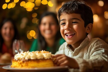 Naklejka premium Boy with cake enjoying family holiday moment
