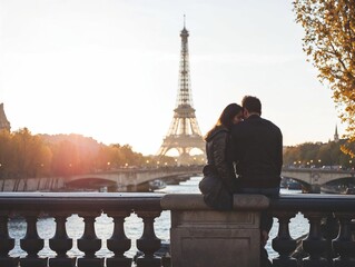 Couple at sunset by Eiffel Tower