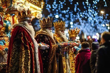 Naklejka premium Three Kings in festive attire with holiday crowd