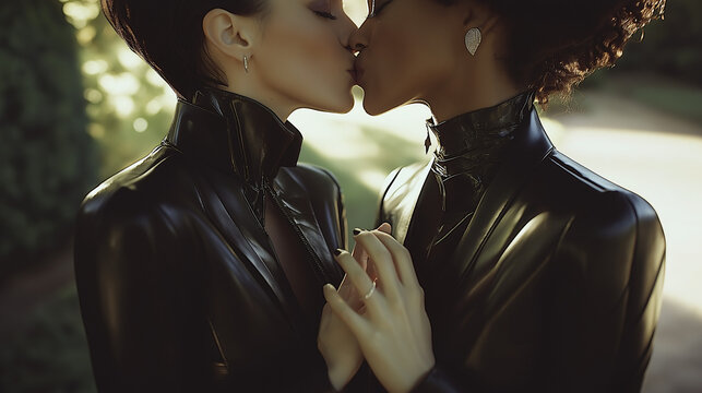 Two women share a passionate kiss in stylish black leather outfits surrounded by lush greenery on a sunny day - Powered by Adobe