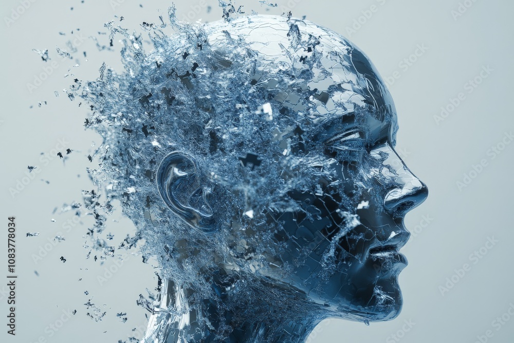 Aufkleber metallic human head fragmenting into particles symbolizing deconstruction innovation and the merging