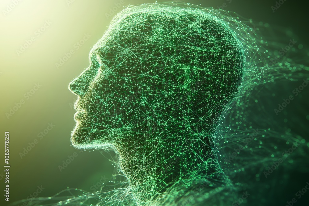 Poster green wireframe human head dissolving into particle effects representing digital transformation data