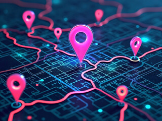 Digital holographic blue street map with pink pinpoint markers for mobile device tracking