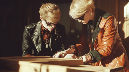 Stylish duo engages in creative woodwork in a sunlit workshop showcasing their craftsmanship on a serene afternoon