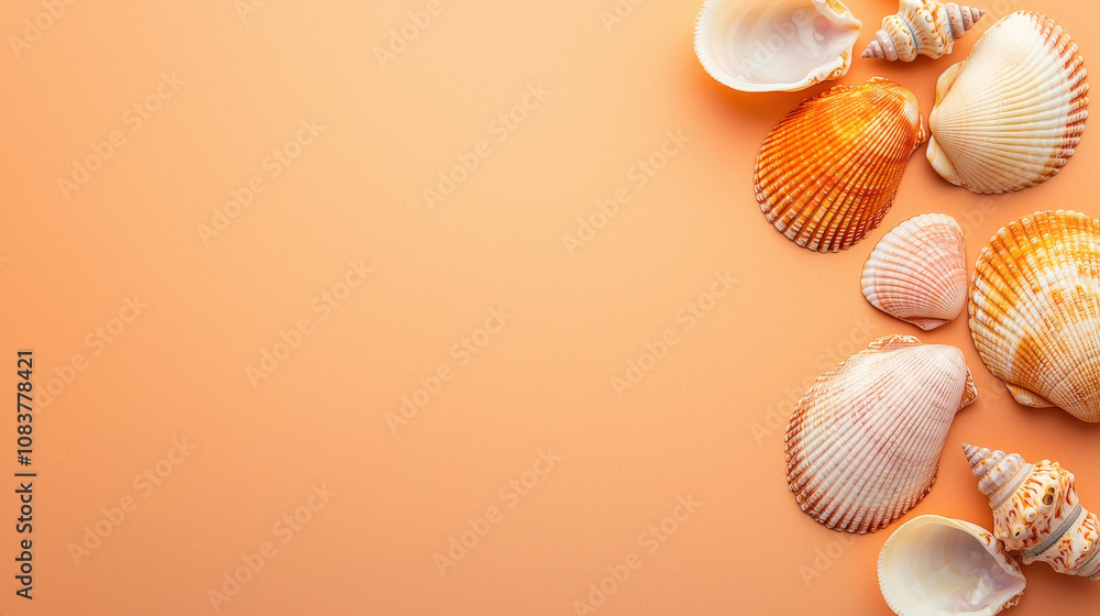 Poster colorful seashells arranged on peach fuzz background, creating serene and inviting atmosphere with a