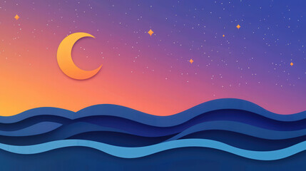serene night sky with crescent moon and gentle waves, creating tranquil atmosphere. gradient colors blend beautifully, enhancing peaceful scene