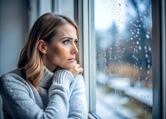 depression - seasonal affective disorder mental health woman sad comtemplative looking out the window alone