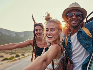 Obraz premium Friends on a sunset desert road trip