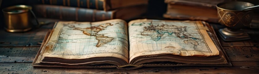 A lone, leatherbound atlas opened to a map of the world, on a dark wooden desk