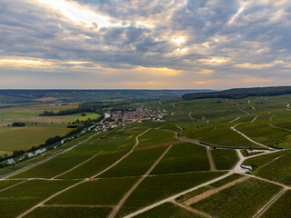 Panoramic aerial view on green premier cru champagne vineyards and fields near village Hautvillers...