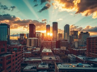 Sunset over Houston skyline with vibrant clouds