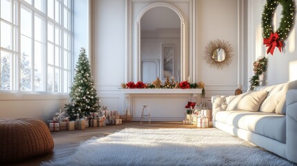 Obraz premium The interior of the living room is minimalist and comfortable, with white nuances, there is a Christmas tree, under the Christmas tree there are gifts, there is a sofa, a bookshelf. 3D Rendering.