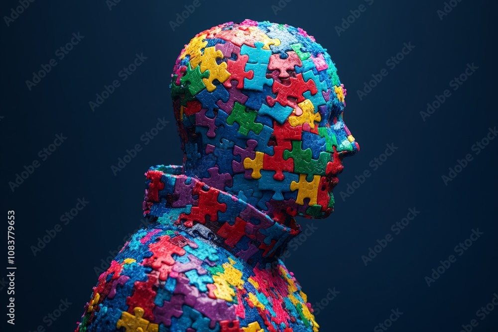 Aufkleber male figure entirely composed of puzzle pieces with vibrant colors symbolizing human complexity prob