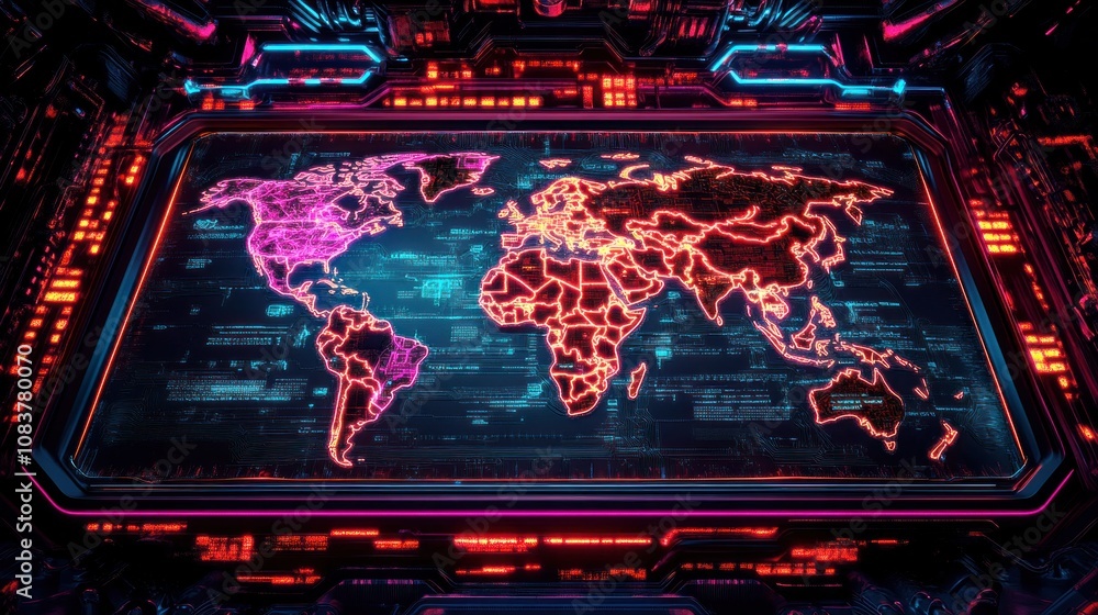 Aufkleber Exploring digital global connectivity world map visualization technology interface futuristic environment aerial view geospatial concepts