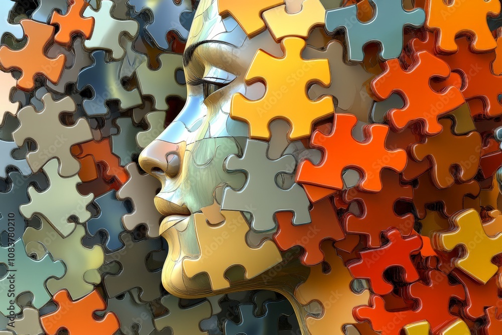 Aufkleber close up of a woman’s face with interlocking puzzle pieces in vibrant colors representing the intric