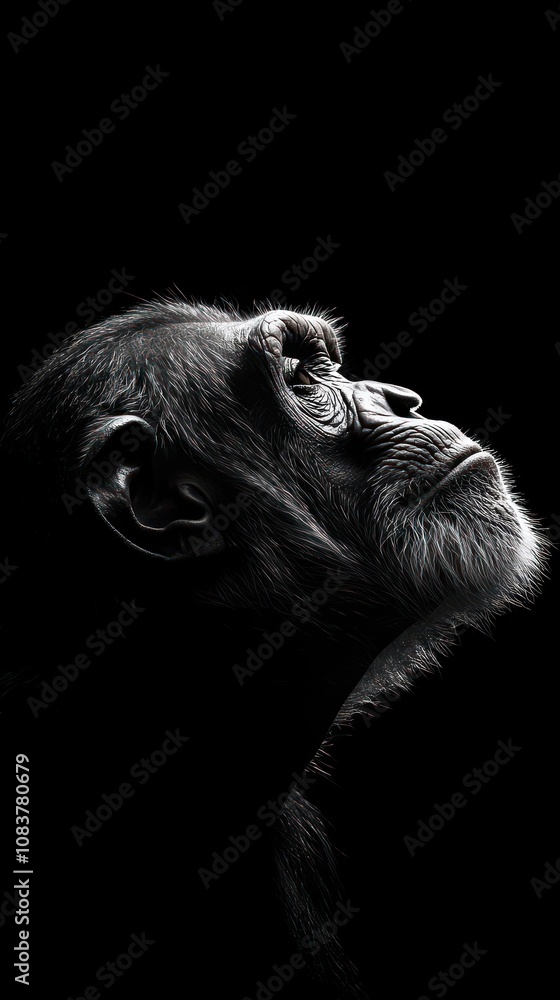 Aufkleber a side profile of a monkey gazing upward against a dark background.